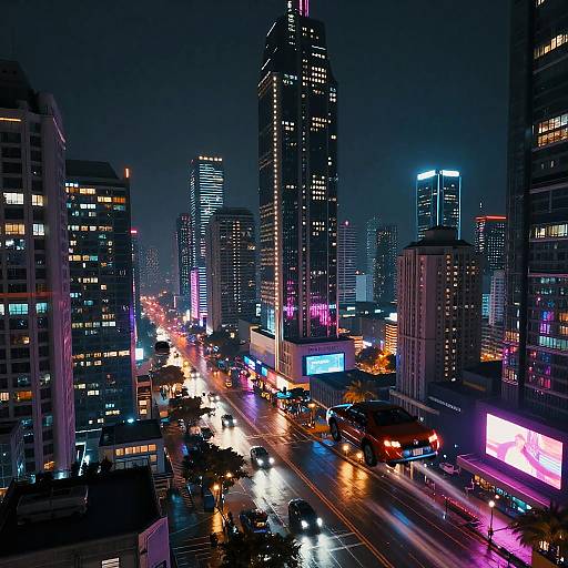 Nighttime cityscape photograph of a bustling urban skyline with brightly lit skyscrapers, neon lights, glowing billboards, and busy streets with blurred car