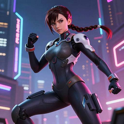 CGI image of a fierce, dark-haired woman in a black, futuristic, form-fitting suit with white armor, braid, neon cityscape