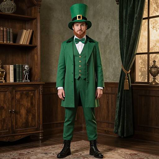 Photograph of a bearded man in a green top hat, green three-piece suit, and black boots, standing in a wooden-paneled room with