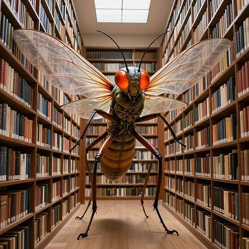 Photorealistic CGI of a giant insect with glowing red eyes and transparent wings standing in a narrow, book-filled library aisle.