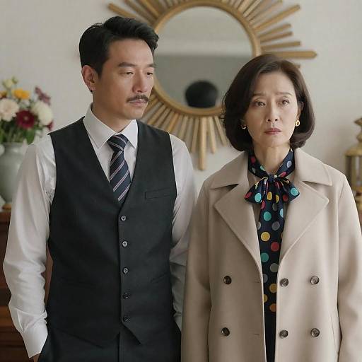 Two Asian Individuals in Elegant Attire Indoors