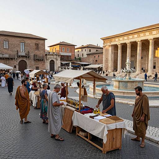 Photograph of a bustling Roman market in Piazza Navona, with vendors in ancient robes selling goods, surrounded by historic buildings and a fountain.