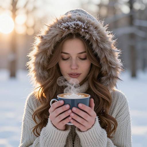 Photograph of a young woman with long brown hair, wearing a furry hooded sweater, holding a steaming mug in a snowy outdoor setting with a