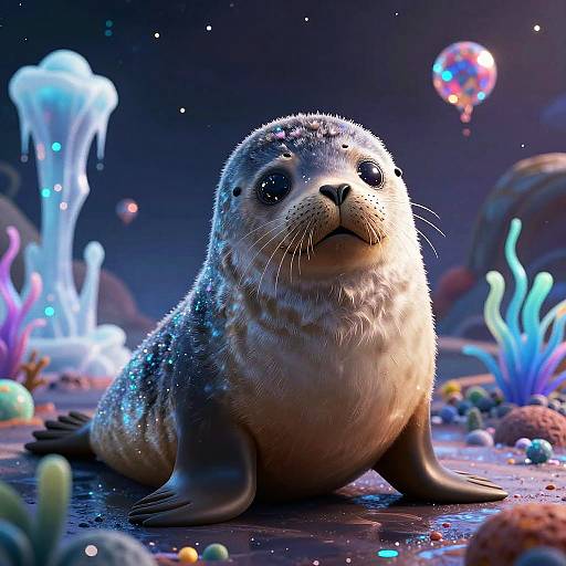 Digital art: Adorable, sparkly seal with large eyes, sitting on a colorful, glowing ocean floor with bioluminescent plants and bubbles.