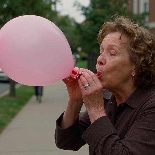 Elderly Woman Blowing Up Pink Balloon Outdoors