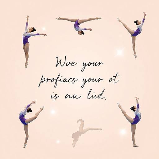 Photograph of four female gymnasts in blue leotards performing aerial splits around a cursive black text: 