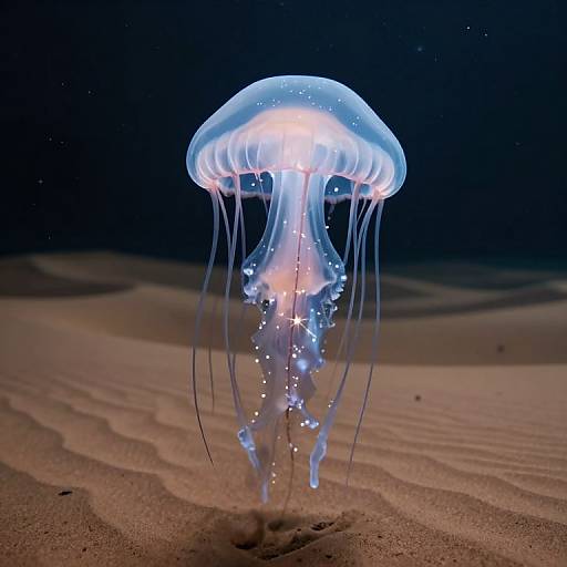 Photograph of a glowing jellyfish with translucent blue bell and long, dangling tentacles, floating over a sandy ocean floor at night.