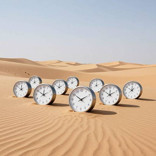 Photograph of nine white analog clocks with black hands and numbers, lying in a sunlit, rippled desert sand dune under a clear blue sky