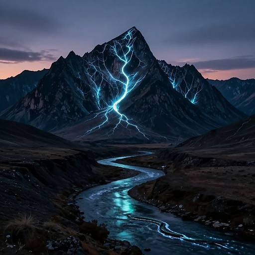Photograph of a dark, jagged mountain range at twilight, illuminated by bright blue lightning cracks, with a reflective river winding through the valley.