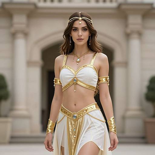 Photograph of a beautiful woman in white and gold ancient Egyptian-style outfit, with jewelry, standing in front of a grand, classical building.