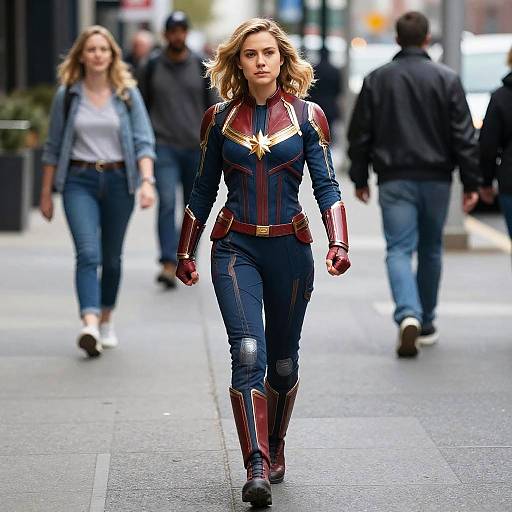 Photograph of a blonde woman in a blue and red Captain America suit walking confidently on a city street, with blurred pedestrians in the background.