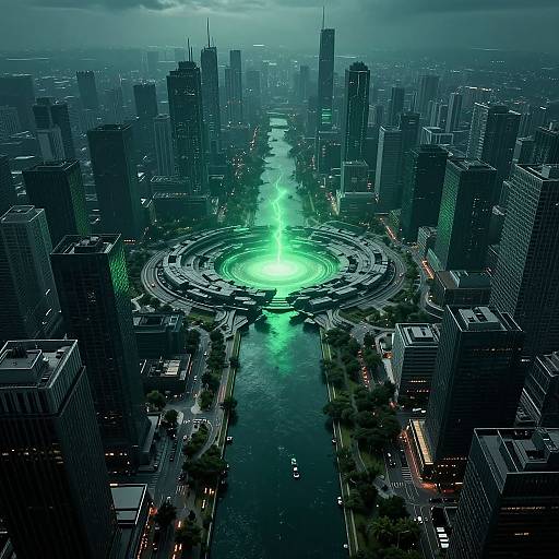 Digital CGI of a futuristic cityscape with a glowing green light emanating from a circular, water-filled plaza at its center, surrounded by towering skyscrap