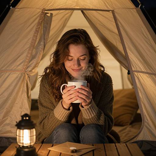 Photograph of a smiling woman with wavy brown hair, wearing a brown sweater, holding a steaming white mug inside a warmly lit camping tent at