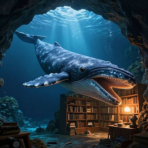 Digital artwork: A massive, detailed blue whale with glowing bioluminescence swims through a dark underwater cave, illuminated by sunlight above, near a warmly