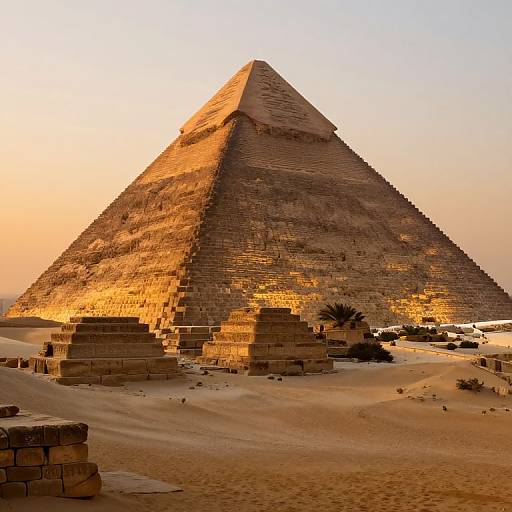 Photograph of the Great Pyramid of Giza at sunset, bathed in golden light, with sand-covered base and ancient stone structures in the foreground.