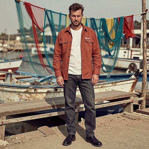 Photograph of a rugged, bearded man in a red jacket, white tee, and dark jeans, standing in a dockyard with colorful fishing nets