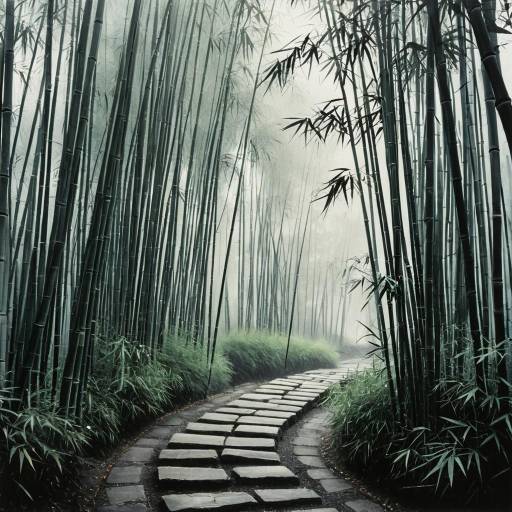 Misty Bamboo Grove with Stone Path