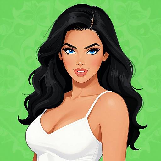 Digital illustration of a beautiful woman with long black hair, blue eyes, and fair skin, wearing a white tank top, against a green patterned background