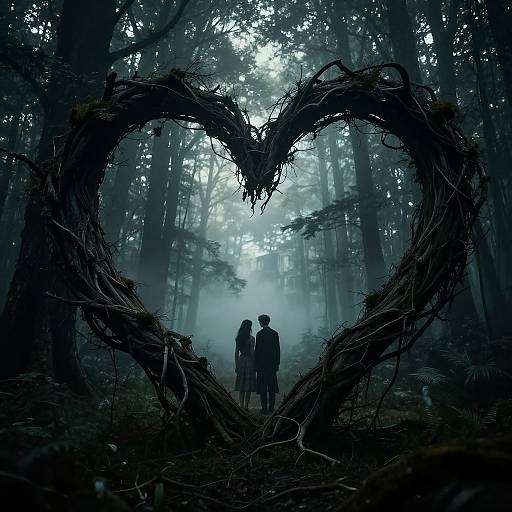 Mysterious forest silhouette of a couple standing within a heart-shaped, gnarled tree frame, bathed in eerie blue light. Digital art.