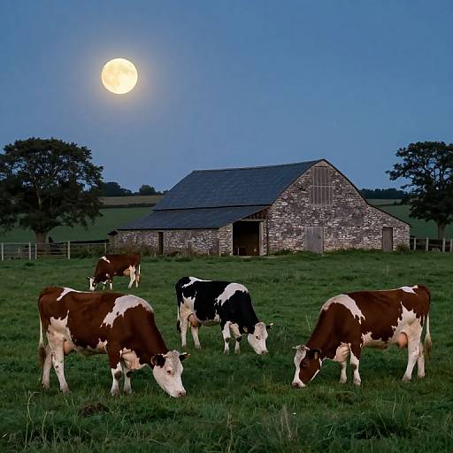Moonlit Cows Grazing in Rustic Countryside