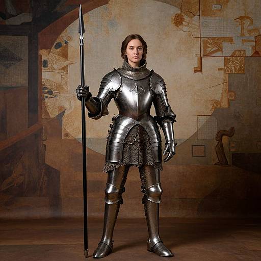 Photograph of a woman in medieval silver armor, holding a spear, standing against a rustic, abstract wall with brown and beige tones.