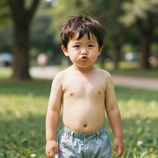 Photograph of a cute, shirtless Asian toddler with short black hair, wearing light blue pants, standing in a sunlit, green park.