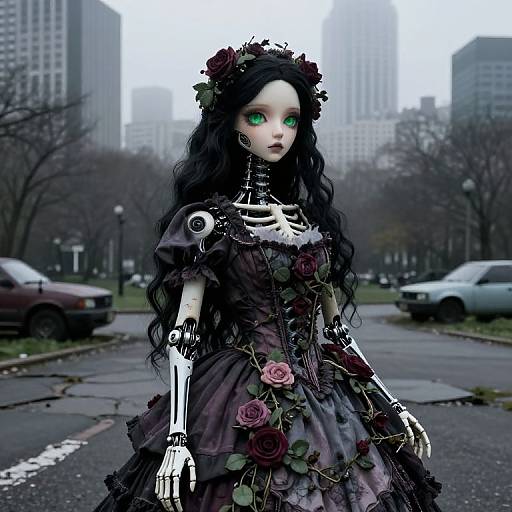Gothic Victorian Cyborg in Foggy City