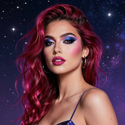 Woman with Vibrant Makeup and Cosmic Background