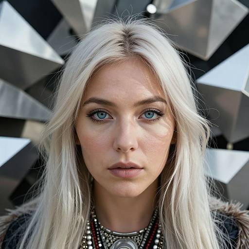 Photograph of a young white woman with long platinum blonde hair, blue eyes, and light makeup, wearing a fur-trimmed jacket and multiple be