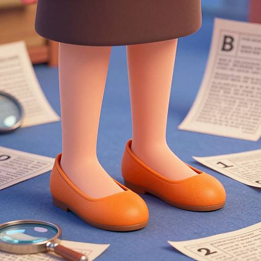 Photograph of a doll's legs in orange flats, white stockings, black skirt, standing on blue carpet with scattered alphabet sheets and a magnifying glass