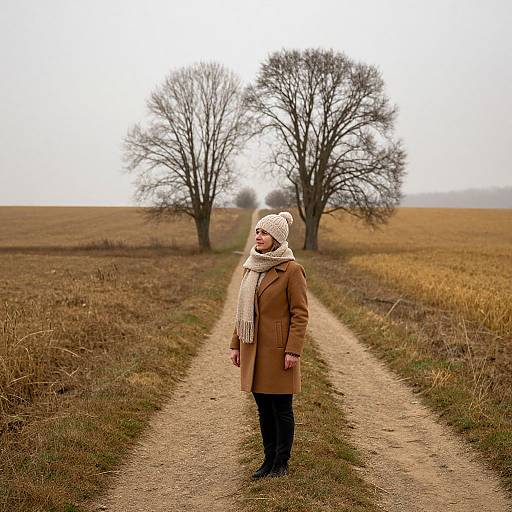 Photograph of a woman in a brown coat, white scarf, and hat, standing on a dirt path in a barren field with two leafless trees
