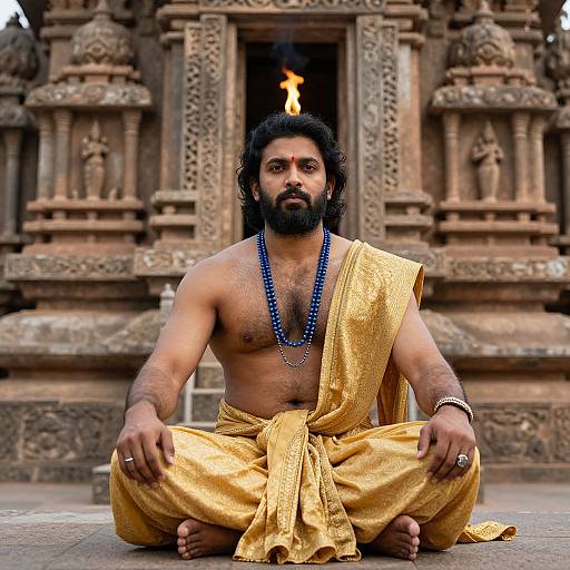Photograph of a bearded, muscular Indian man with dark hair, wearing a gold dhoti and blue bead necklace, seated cross-legged in front