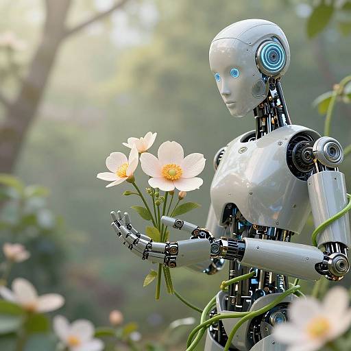 Photograph of a silver robotic figure with blue glowing eyes holding three white daisies in a sunlit, green forest.