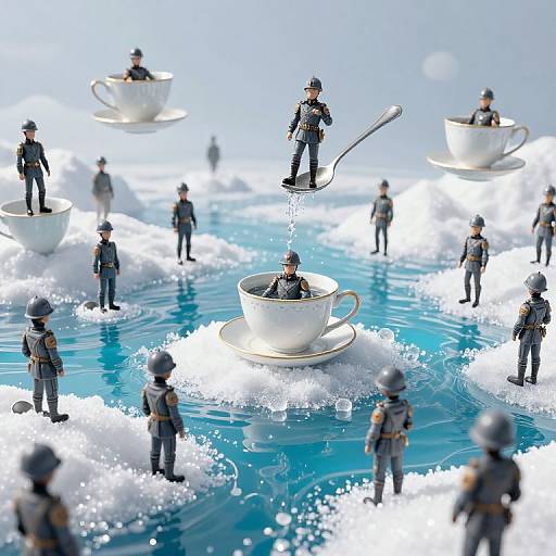 Photograph of miniature soldiers in gray uniforms floating on blue water, surrounding oversized white tea cups with figures inside, one pouring tea. Surreal, whims