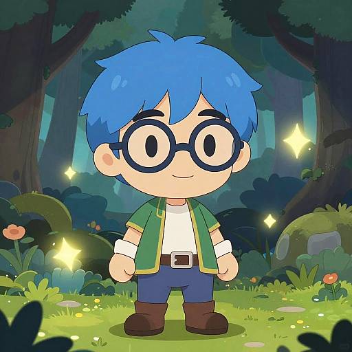 Blue-Haired Cartoon in Magical Forest