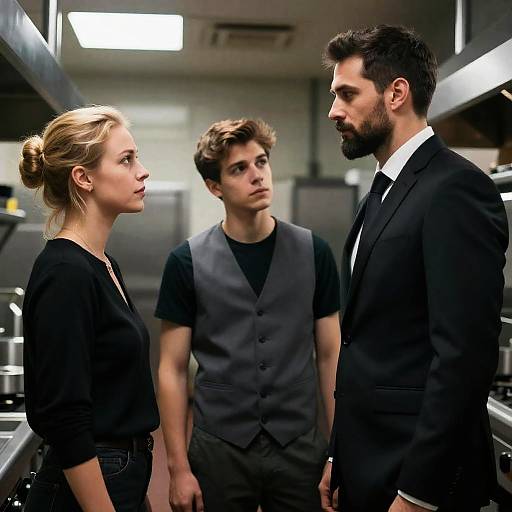 Serious Trio in an Industrial Kitchen