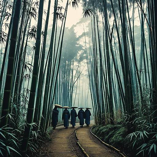 Five Figures Walking Through Misty Bamboo Forest