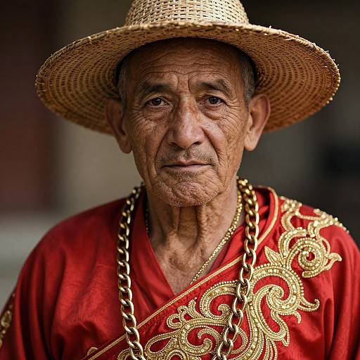Photograph of an elderly man with deep wrinkles, wearing a straw hat, red embroidered shirt, and gold chain, looking solemnly at the camera.