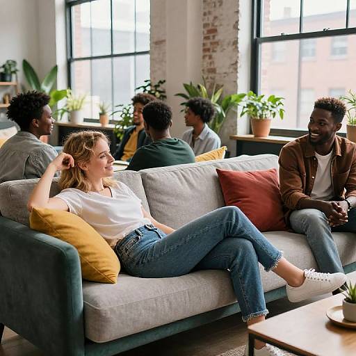 Photograph of diverse group of six young adults, casually dressed, sitting and lounging in a bright, plant-filled, modern living room.