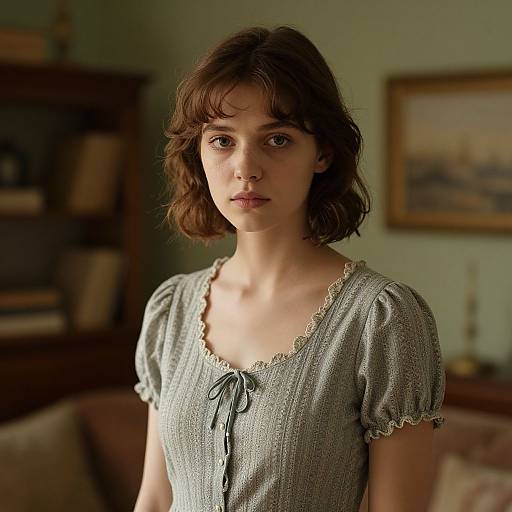 Photograph of a young woman with short brown hair, wearing a grey, lace-trimmed, short-sleeved blouse, standing in a dim