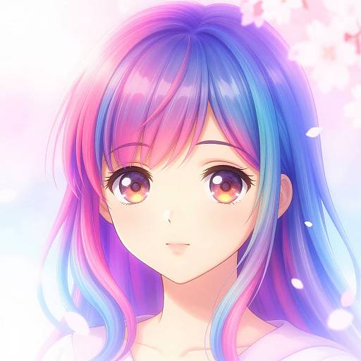 Digital anime-style portrait of a young girl with vibrant, multi-colored hair (pink, blue, purple) and large, expressive brown eyes, set against