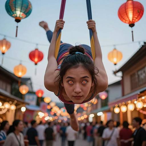 Photograph of an Asian woman with dark hair in a ponytail, hanging upside down from colorful ropes in a bustling evening market with red lanterns and