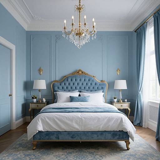 Luxurious blue bedroom with tufted velvet headboard, crystal chandelier, gold accents, white bedding, blue curtains, and elegant side tables.