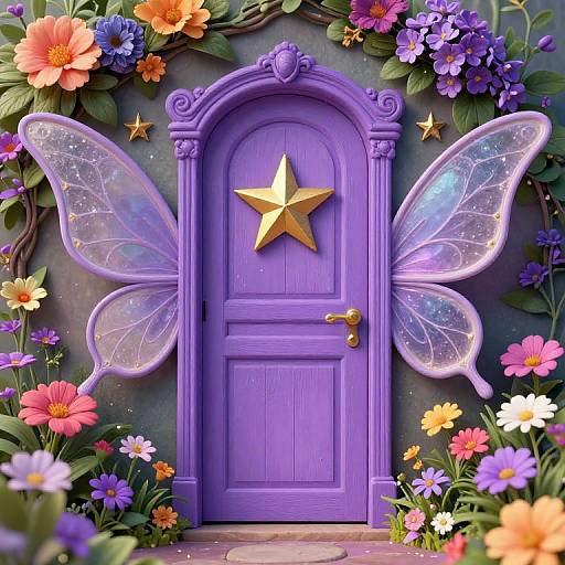 Vibrant digital illustration of a purple fairy door adorned with a gold star, translucent wings, surrounded by colorful flowers and greenery.