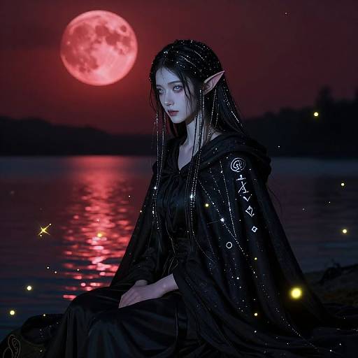 Digital painting of a pale-skinned, black-haired elf woman with pointed ears, wearing a starry black cloak, sitting by a moonlit lake under