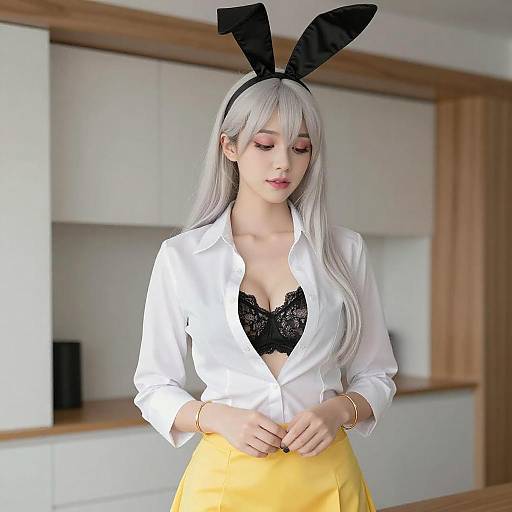 Young Woman with Bunny Ears in Modern Interior