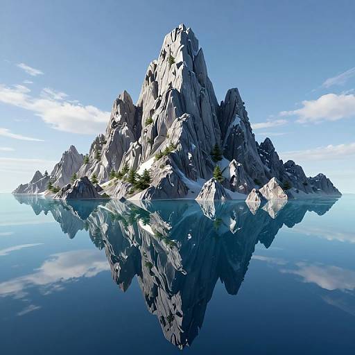 Photorealistic CGI of a jagged, rocky island with sparse greenery, reflected perfectly in calm, blue water under a clear sky.
