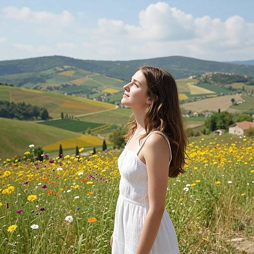 Photograph of a young woman with long brown hair, wearing a white sleeveless dress, standing in a sunlit field of colorful wildflowers, with