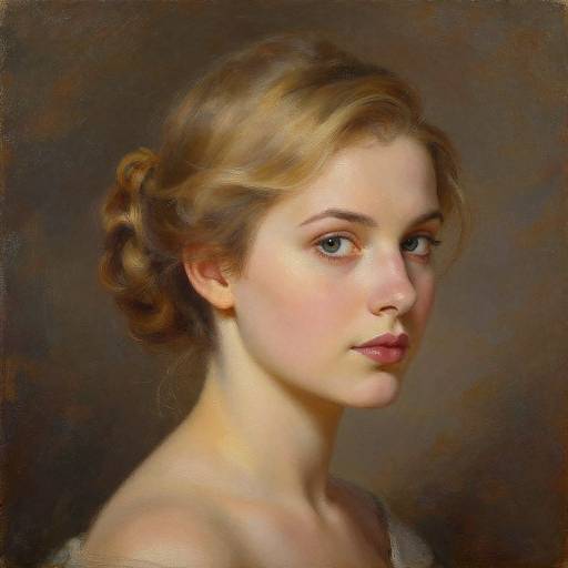 Digital portrait of a fair-skinned, blonde woman with blue eyes, styled hair in a loose bun, and subtle makeup, against a dark, textured