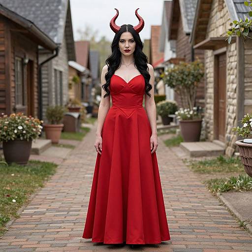 Digital art of a pale-skinned woman with black hair, red horns, and red dress, standing on a cobblestone village path.